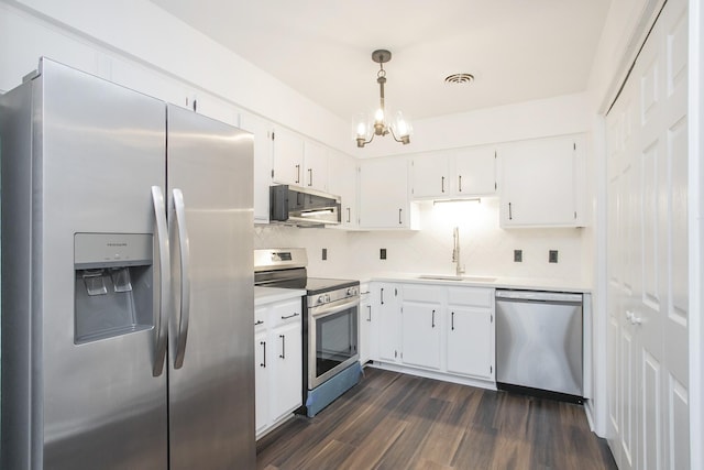 kitchen with stainless steel appliances, sink, pendant lighting, dark hardwood / wood-style floors, and white cabinetry