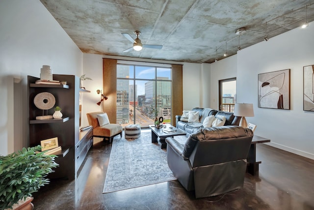 living room featuring ceiling fan