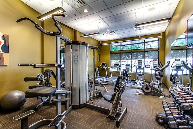 workout area featuring carpet flooring, a drop ceiling, and a towering ceiling