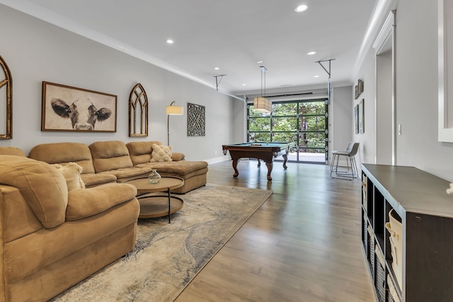 living room with light wood-type flooring and pool table