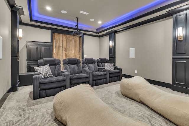 carpeted cinema featuring a raised ceiling