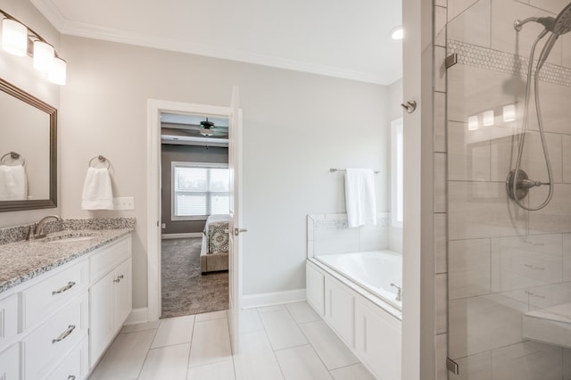 bathroom featuring tile patterned flooring, vanity, shower with separate bathtub, and ornamental molding