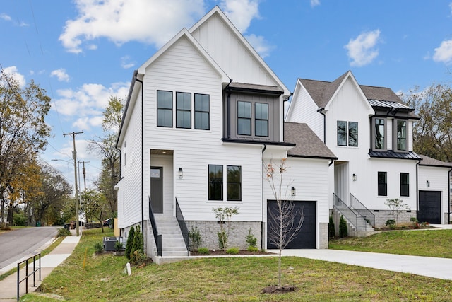 modern farmhouse style home with a front lawn, central AC unit, and a garage