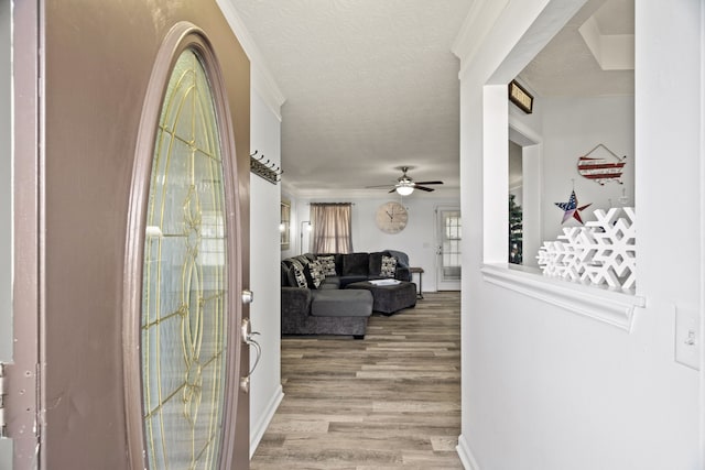 hallway featuring crown molding, a textured ceiling, and light hardwood / wood-style flooring