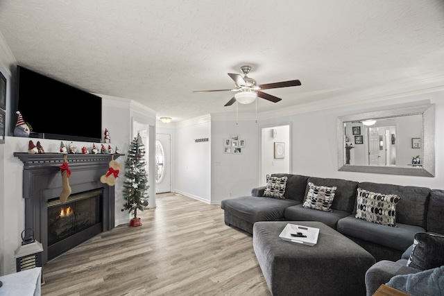 living room featuring crown molding, ceiling fan, a textured ceiling, and hardwood / wood-style flooring