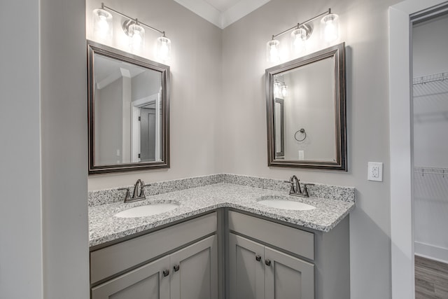 bathroom featuring vanity, wood-type flooring, and crown molding