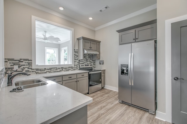 kitchen featuring appliances with stainless steel finishes, backsplash, gray cabinetry, crown molding, and sink