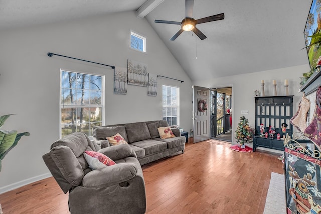 living room with a textured ceiling, ceiling fan, wood-type flooring, high vaulted ceiling, and beamed ceiling