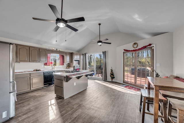 kitchen featuring vaulted ceiling, ceiling fan, a kitchen island, wood-type flooring, and stainless steel appliances