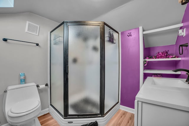 bathroom featuring wood-type flooring, vanity, toilet, and an enclosed shower