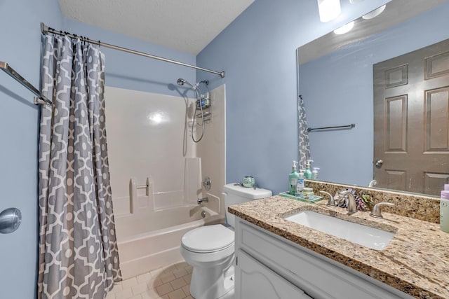 full bathroom featuring shower / bath combo, tile patterned floors, a textured ceiling, toilet, and vanity