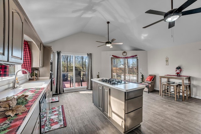 kitchen featuring appliances with stainless steel finishes, a center island, lofted ceiling, and sink