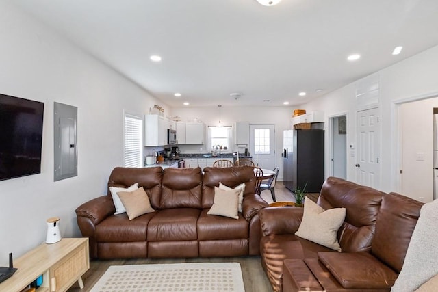 living room with electric panel, light hardwood / wood-style flooring, and sink