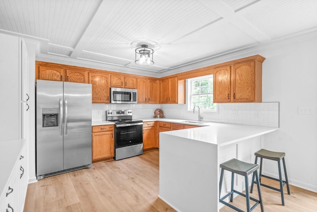 kitchen featuring sink, stainless steel appliances, light hardwood / wood-style flooring, backsplash, and kitchen peninsula