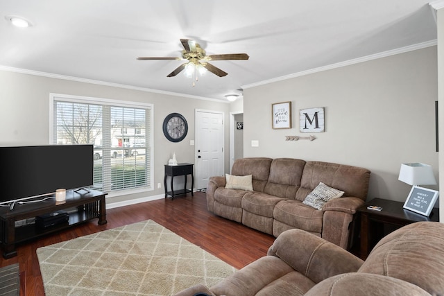 living room with dark hardwood / wood-style floors, ceiling fan, and ornamental molding