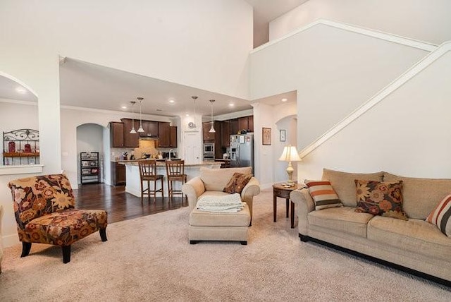 living room featuring dark hardwood / wood-style flooring, a towering ceiling, and ornamental molding