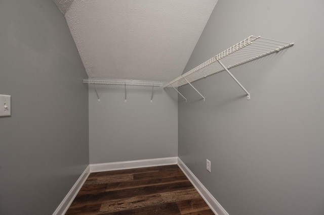 walk in closet featuring lofted ceiling and dark wood-type flooring