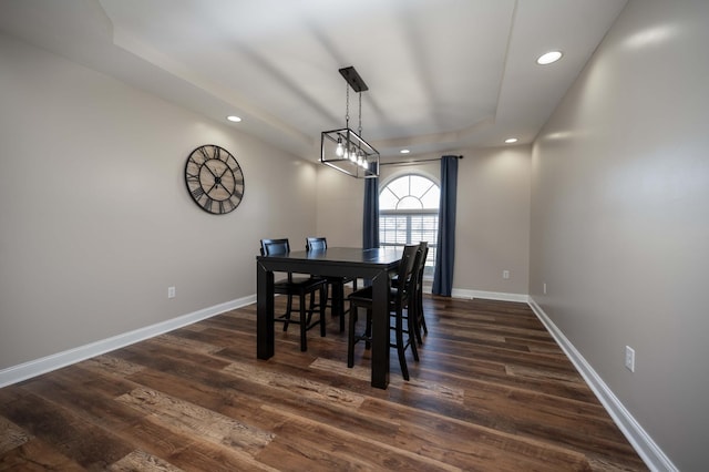 dining room featuring a tray ceiling and dark wood-type flooring