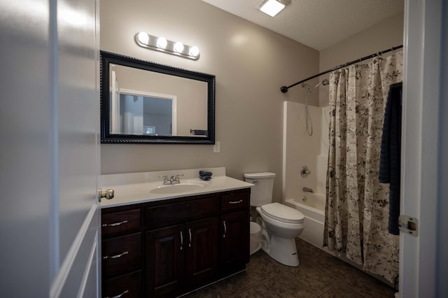 full bathroom with vanity, tile patterned flooring, toilet, shower / bathtub combination with curtain, and a textured ceiling