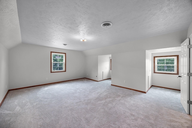 interior space with lofted ceiling, a textured ceiling, and light carpet