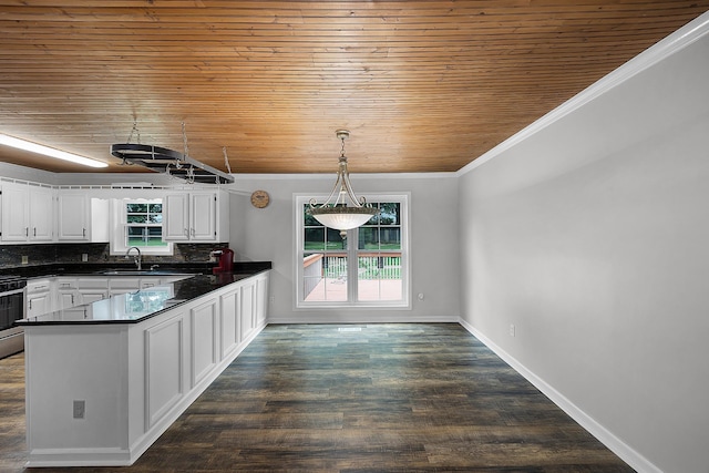 kitchen featuring wooden ceiling, dark wood-type flooring, kitchen peninsula, decorative light fixtures, and white cabinetry