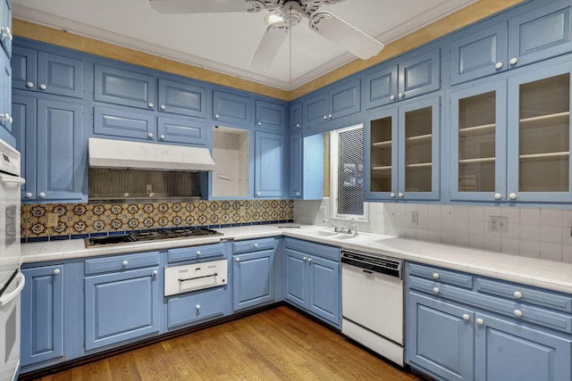 kitchen with backsplash, white appliances, and blue cabinets