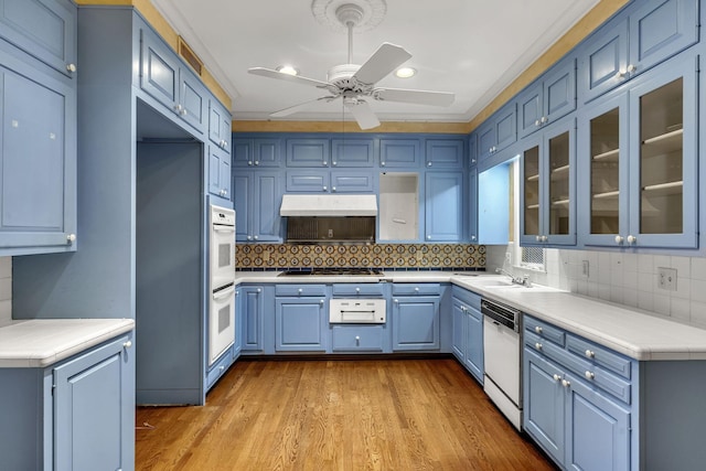 kitchen featuring decorative backsplash, light wood-type flooring, stainless steel appliances, and blue cabinets