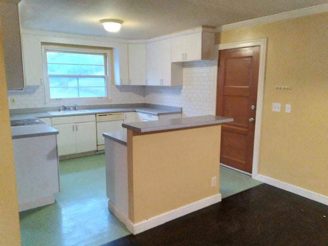 kitchen with tasteful backsplash, white cabinets, sink, and white dishwasher