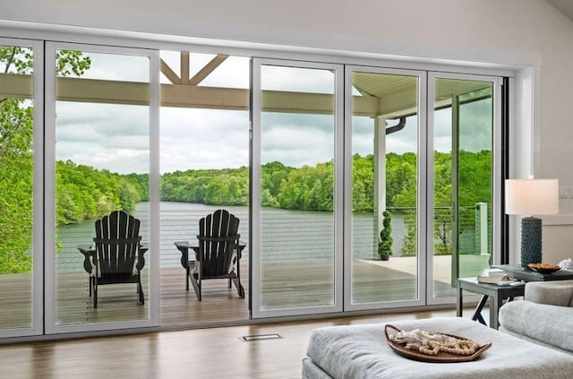 doorway to outside featuring hardwood / wood-style floors and a water view