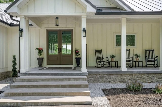 doorway to property with french doors and covered porch