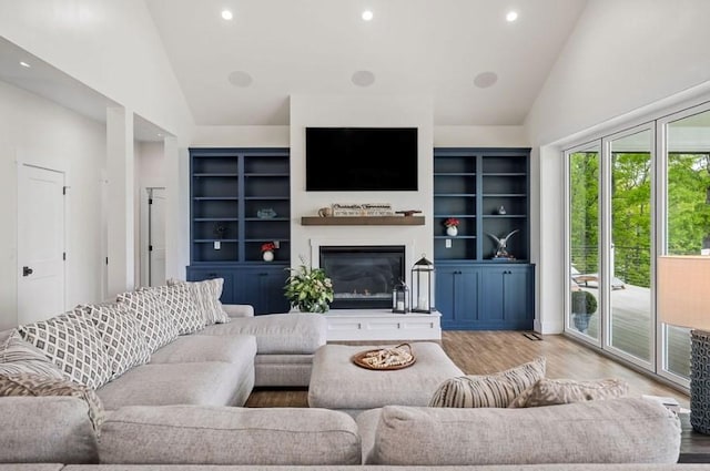 living room featuring light hardwood / wood-style floors and high vaulted ceiling