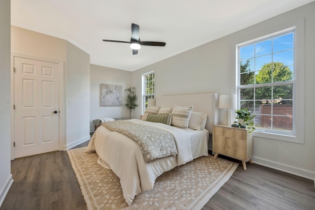 bedroom featuring multiple windows, hardwood / wood-style flooring, ceiling fan, and ornamental molding