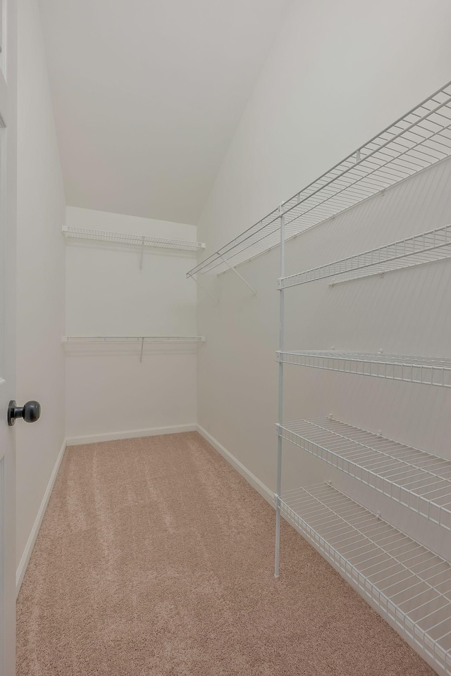 spacious closet with carpet flooring and lofted ceiling