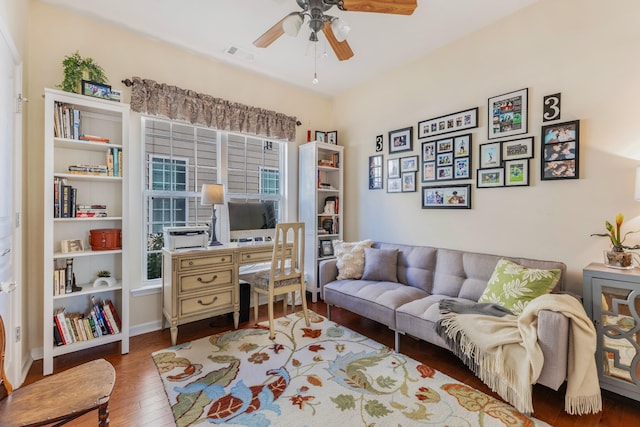 home office featuring hardwood / wood-style floors and ceiling fan