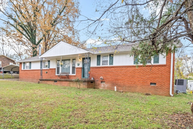 view of front of house featuring central AC unit and a front lawn