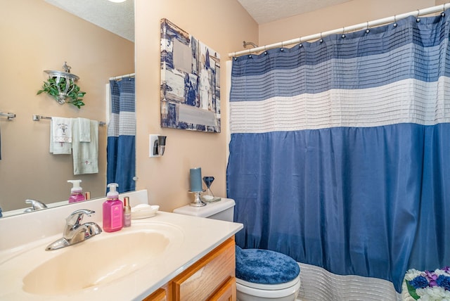 bathroom with vanity, toilet, and a textured ceiling