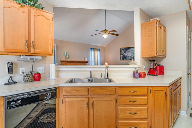 kitchen featuring kitchen peninsula, sink, light tile patterned floors, dishwasher, and lofted ceiling