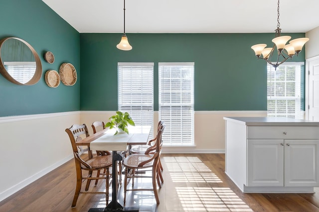 dining room featuring a chandelier, a healthy amount of sunlight, and hardwood / wood-style flooring