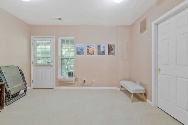 sitting room with light colored carpet