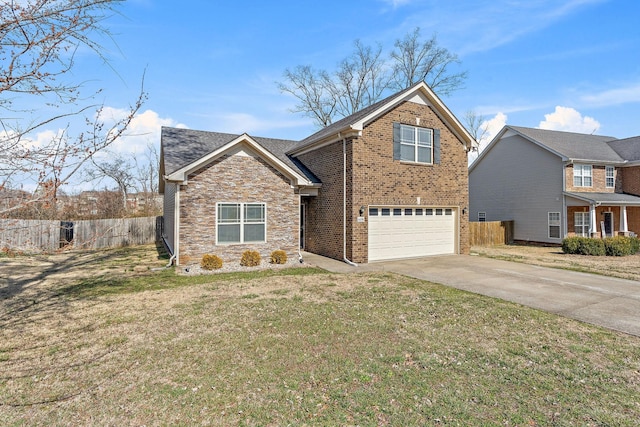 traditional-style home with brick siding, a front yard, fence, a garage, and driveway