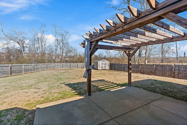 view of patio featuring a storage shed, an outbuilding, a fenced backyard, and a pergola