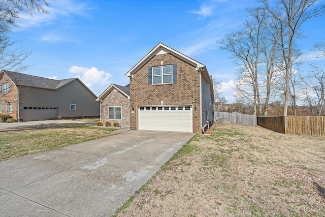 traditional-style home featuring concrete driveway, brick siding, an attached garage, and fence