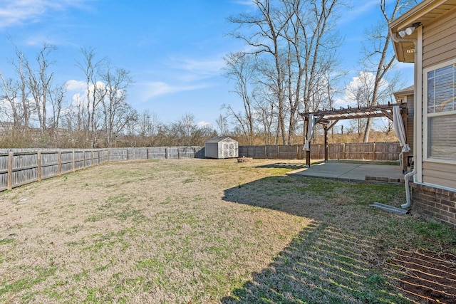 view of yard featuring a pergola, a patio area, a shed, a fenced backyard, and an outdoor structure