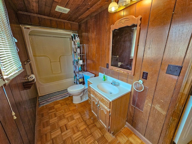 full bathroom featuring parquet floors, wooden ceiling, wood walls, shower / tub combo with curtain, and vanity