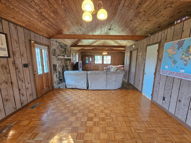 unfurnished living room with lofted ceiling with beams, wooden ceiling, wooden walls, and light parquet floors