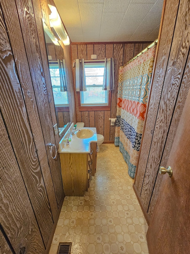 bathroom featuring vanity, toilet, and wood walls