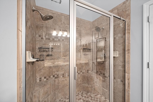 bathroom with a shower with shower door