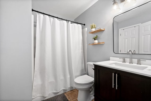 full bathroom with shower / bathtub combination with curtain, tile patterned flooring, vanity, and toilet