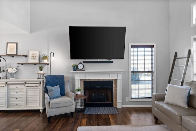 living room featuring a tile fireplace, dark hardwood / wood-style floors, and a wealth of natural light