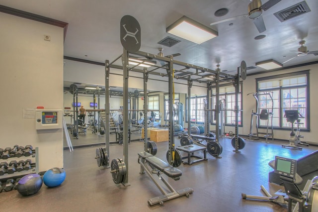 gym with ceiling fan and ornamental molding